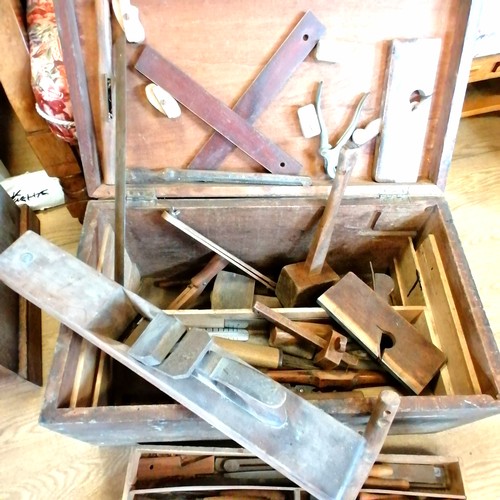 598 - Antique carpenters tool box 65cm x 38cm depth x 34cm height width, with 3 trays and contents includi... 