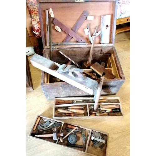 598 - Antique carpenters tool box 65cm x 38cm depth x 34cm height width, with 3 trays and contents includi... 