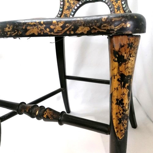 608 - Pair of Victorian mother of pearl inlaid & gilt decorated parlour chairs with bergeres seats - 1 has... 