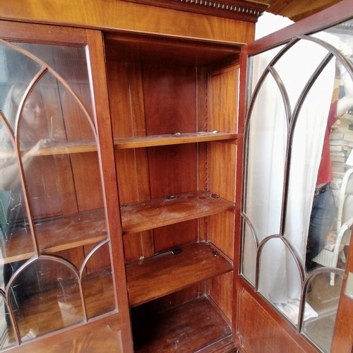 627 - Edwardian mahogany 2 door display cabinet with gothic shaped glazed doors on claw ball feet - 114cm ... 