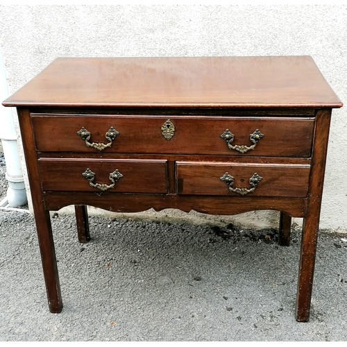 628 - Antique mahogany low boy with 3 drawers & later handles - 86cm x 49cm x 72cm high with some old repa... 