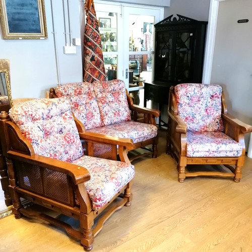 633 - Country light wood bergere 2 seater sofa + armchairs with removable seat & back cushions - probably ... 