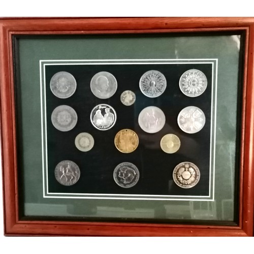 636 - Framed selection of coins inc £5 coin & £2 coins etc - 37cm x 32cm