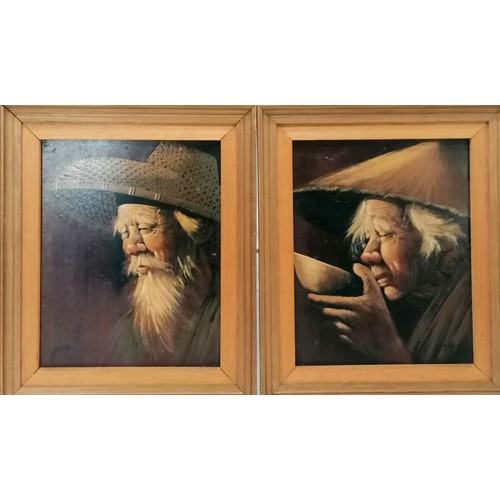 637 - Pair of framed oil paintings on board of an Oriental man and woman, signed Gris, 31cm x 26cm