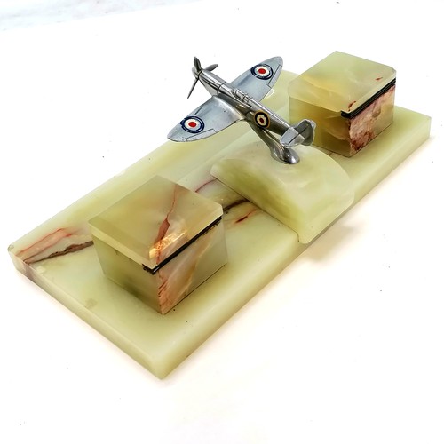 18A - Alabaster desk stand, Chrome Spitfire (10cm long) 2 inkwells with silver hinges, 29cm x 15.5cm. some... 