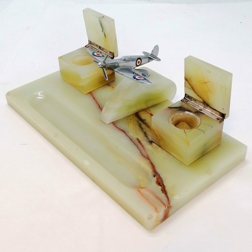 18A - Alabaster desk stand, Chrome Spitfire (10cm long) 2 inkwells with silver hinges, 29cm x 15.5cm. some... 