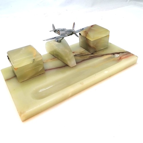 18A - Alabaster desk stand, Chrome Spitfire (10cm long) 2 inkwells with silver hinges, 29cm x 15.5cm. some... 