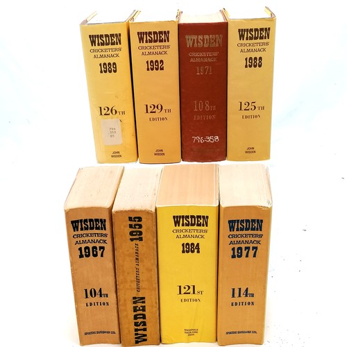 60 - 8 Wisden Cricketers Almanack 1955, 1967, 1971 hardback, 1977, 1984, 1988 hardback, 1989, 1992.