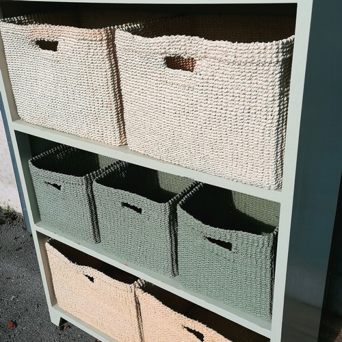 830 - Large modern green painted shelf unit with raffia baskets - 164cm high 97cm wide 36cm deep