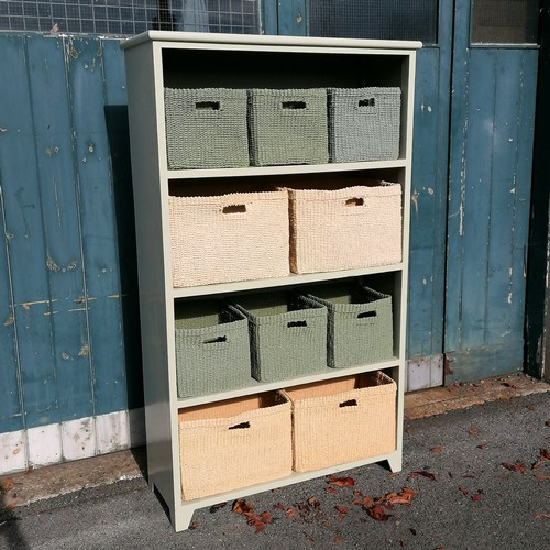 830 - Large modern green painted shelf unit with raffia baskets - 164cm high 97cm wide 36cm deep