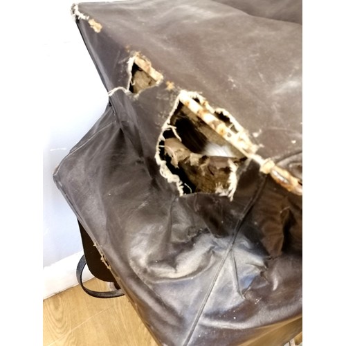 30 - Antique dolls pram with wooden body and rexine lining and hood (af). Later cotton cushions, T/W vint... 