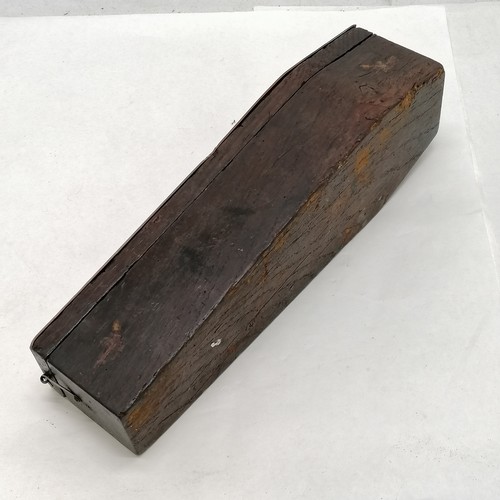 544 - Antique memento mori coffin shaped oak candle box - copper plaque to top with decoration of skeleton... 