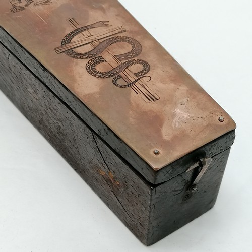 544 - Antique memento mori coffin shaped oak candle box - copper plaque to top with decoration of skeleton... 