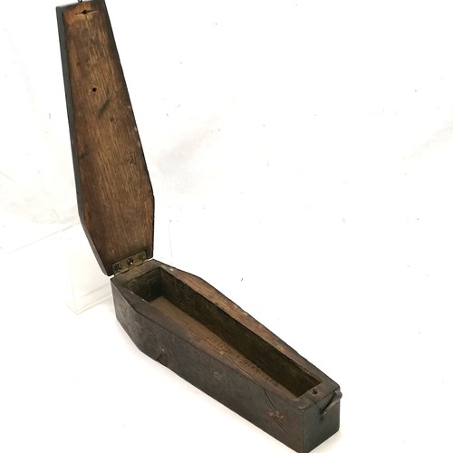 544 - Antique memento mori coffin shaped oak candle box - copper plaque to top with decoration of skeleton... 