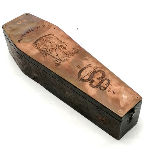 544 - Antique memento mori coffin shaped oak candle box - copper plaque to top with decoration of skeleton... 