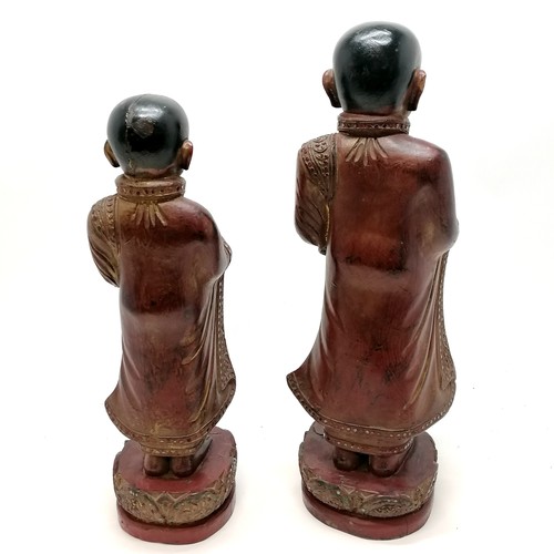 13 - 2 x Hand carved wooden monk figures with offering bowls with a lacquer & coloured glass decoration -... 