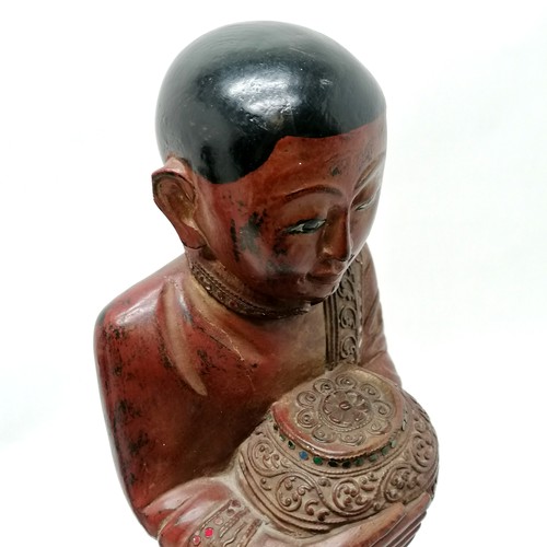 13 - 2 x Hand carved wooden monk figures with offering bowls with a lacquer & coloured glass decoration -... 