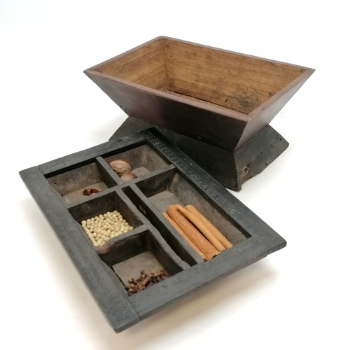 23 - Antique wooden rectangular spice box with a sliding top 25cm x 17.5cm x 12 cm high. Old termite dama... 