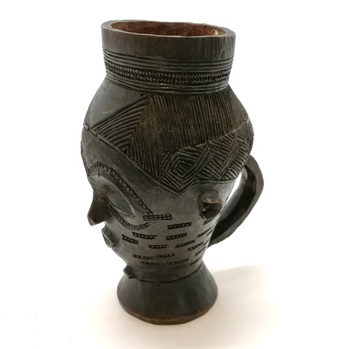 32 - African tribal kuba cup carved in the form of a face - 18cm high & in good condition