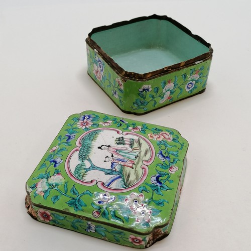 38 - 2 x antique Cantonese green enamel boxes - both a/f ~ largest 10cm x 10cm x 6cm