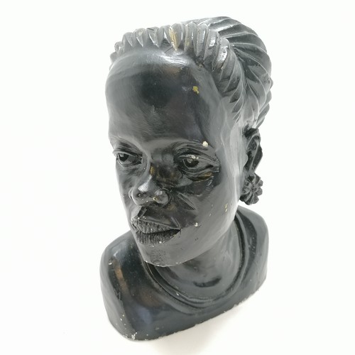 45 - Carved stone  bust of a lady painted black signed by Gabriel Jeke ~ some losses to paint finish. 20c... 