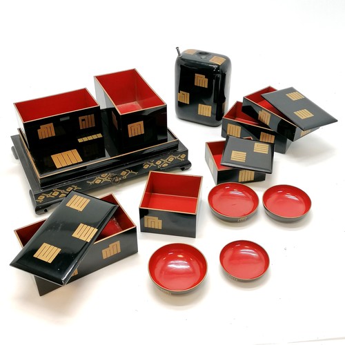 8 - Japanese antique lacquer calligraphy ? set comprising of stand with 7 interlocking boxes, liquid con... 