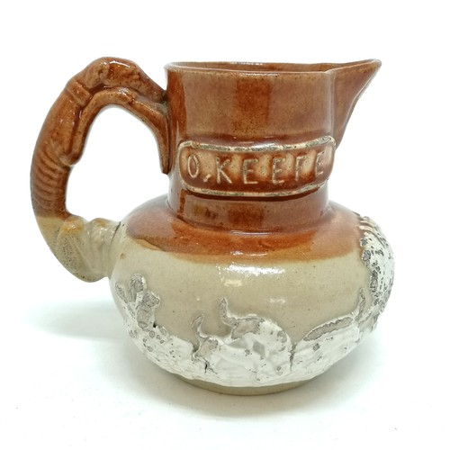 466 - Antique O'Keefe Irish whisky jug inscr 'The Old Musty' with greyhound figural handle - 10.5cm high ~... 