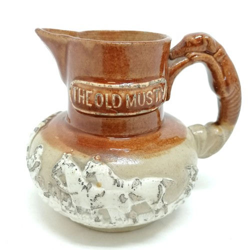 466 - Antique O'Keefe Irish whisky jug inscr 'The Old Musty' with greyhound figural handle - 10.5cm high ~... 