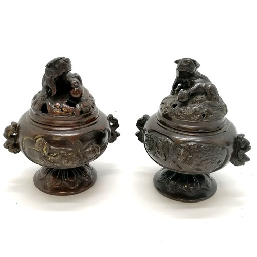 473 - Antique pair of Chinese bronze censors with dogs of fo decoration to lids - 11cm high ~ 1 has a scre... 