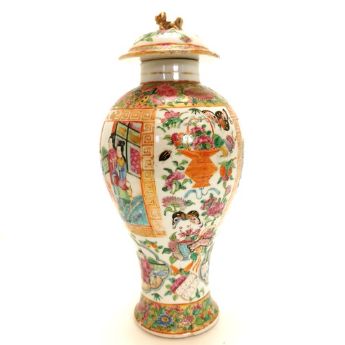 476 - Antique Chinese cantonese baluster shaped vase with lid & profusely decorated with figures / flowers... 