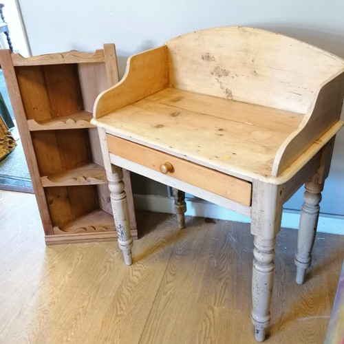 732 - Antique pine washstand with single drawer 75mc x 45cm x 97cm high t/w a pine corner shelf