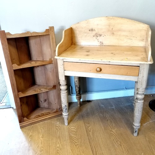 732 - Antique pine washstand with single drawer 75mc x 45cm x 97cm high t/w a pine corner shelf