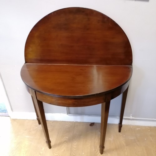 735 - Antique mahogany fold over D-End table, some wear to the top. 84cm wide x 73cm high