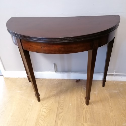 735 - Antique mahogany fold over D-End table, some wear to the top. 84cm wide x 73cm high