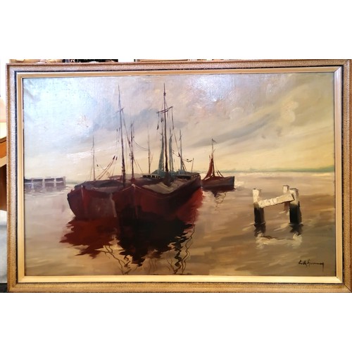 741 - Large framed oil on canvas of Belgian barges in their moorings. signed Emile Lammers (1914-90) - 162... 