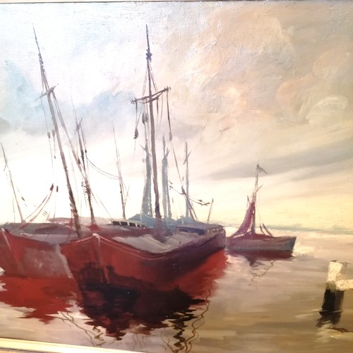 741 - Large framed oil on canvas of Belgian barges in their moorings. signed Emile Lammers (1914-90) - 162... 