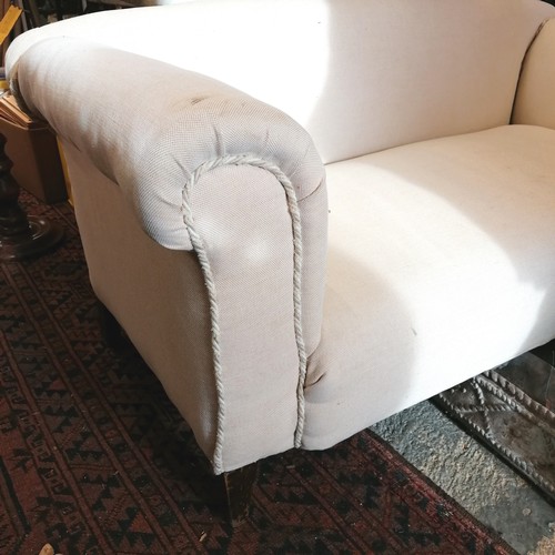 742 - Two seater vintage cream linen sofa 150cm wide x 70cm deep x 67cm high, some slight marks otherwise ... 