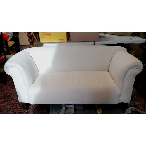 742 - Two seater vintage cream linen sofa 150cm wide x 70cm deep x 67cm high, some slight marks otherwise ... 