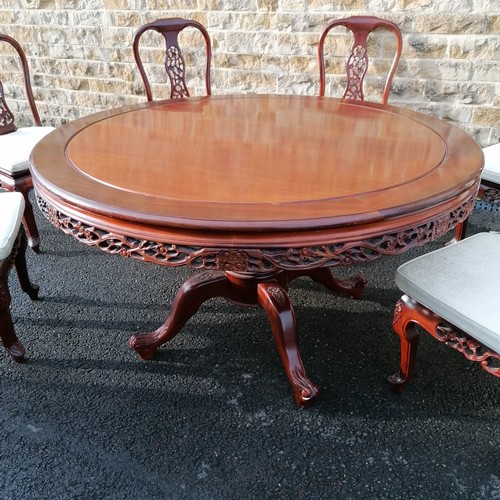 745 - Reproduction oriental hardwood circular table on pedestal base 137cm diameter t/w 6 x matching chair... 