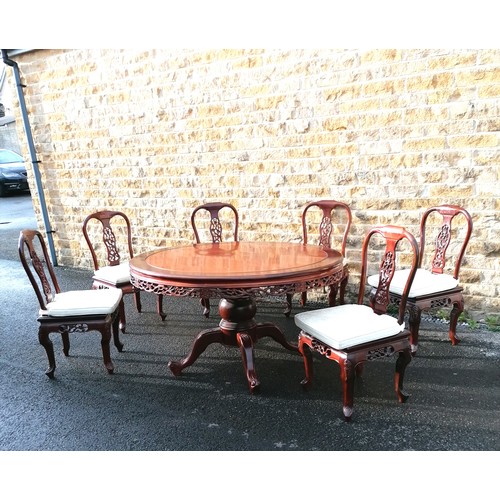 745 - Reproduction oriental hardwood circular table on pedestal base 137cm diameter t/w 6 x matching chair... 