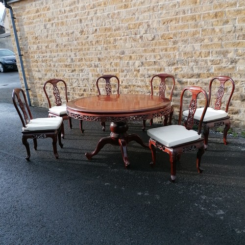 745 - Reproduction oriental hardwood circular table on pedestal base 137cm diameter t/w 6 x matching chair... 