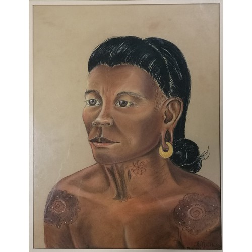 746 - Original framed pastel portrait of a Borneo tribesman signed B. MacPherson and framed in Singapore 7... 