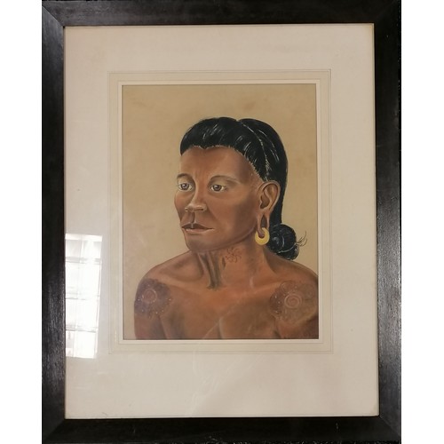 746 - Original framed pastel portrait of a Borneo tribesman signed B. MacPherson and framed in Singapore 7... 