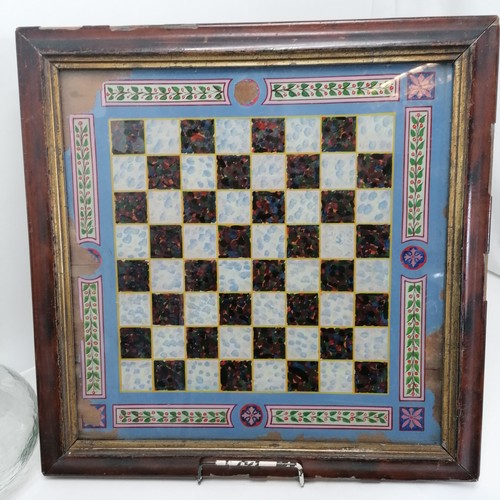 48 - Antique painting on glass of a chess board, 42cm x 42cm, some losses to the paint, T/W a boxed set o... 