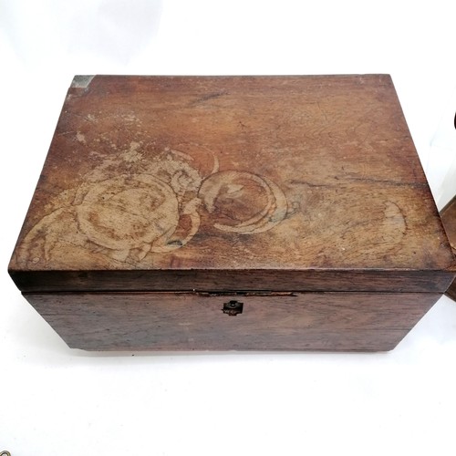 58 - Antique rosewood veneered sewing box A/F,29cm x 21cm x 14cm high, Mauchlin ware lidded cannister of ... 