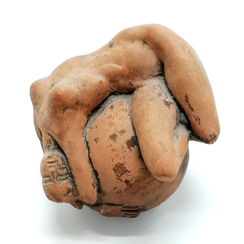 9 - Terracotta signed sculpture of a naked woman atop a sphere - 16cm high