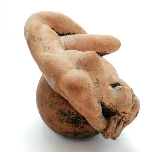 9 - Terracotta signed sculpture of a naked woman atop a sphere - 16cm high