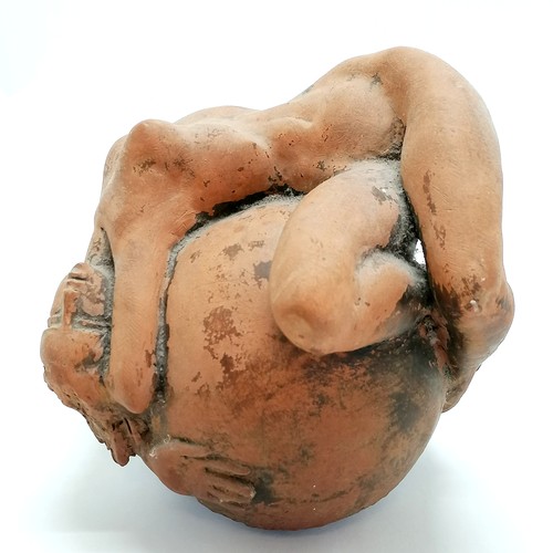 9 - Terracotta signed sculpture of a naked woman atop a sphere - 16cm high