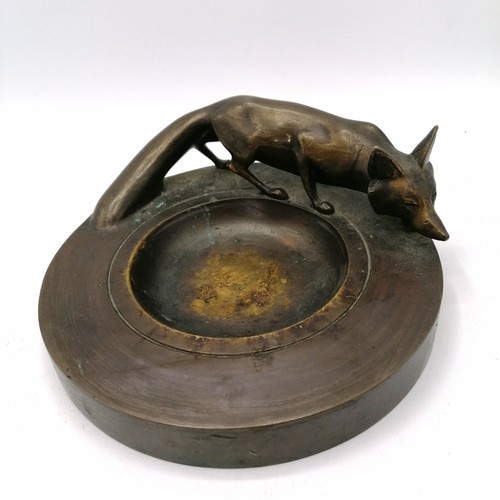 102 - Art deco 3 piece bronze desk set depicting foxes inc a matchbox holder, coin dish & an inkstand (wit... 