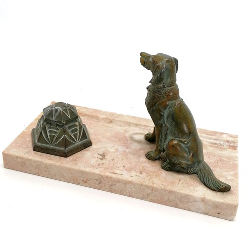 157 - Antique Art Deco spelter inkstand with dog figure detail on a marble base (24.5cm x 13cm) ~ slight a... 